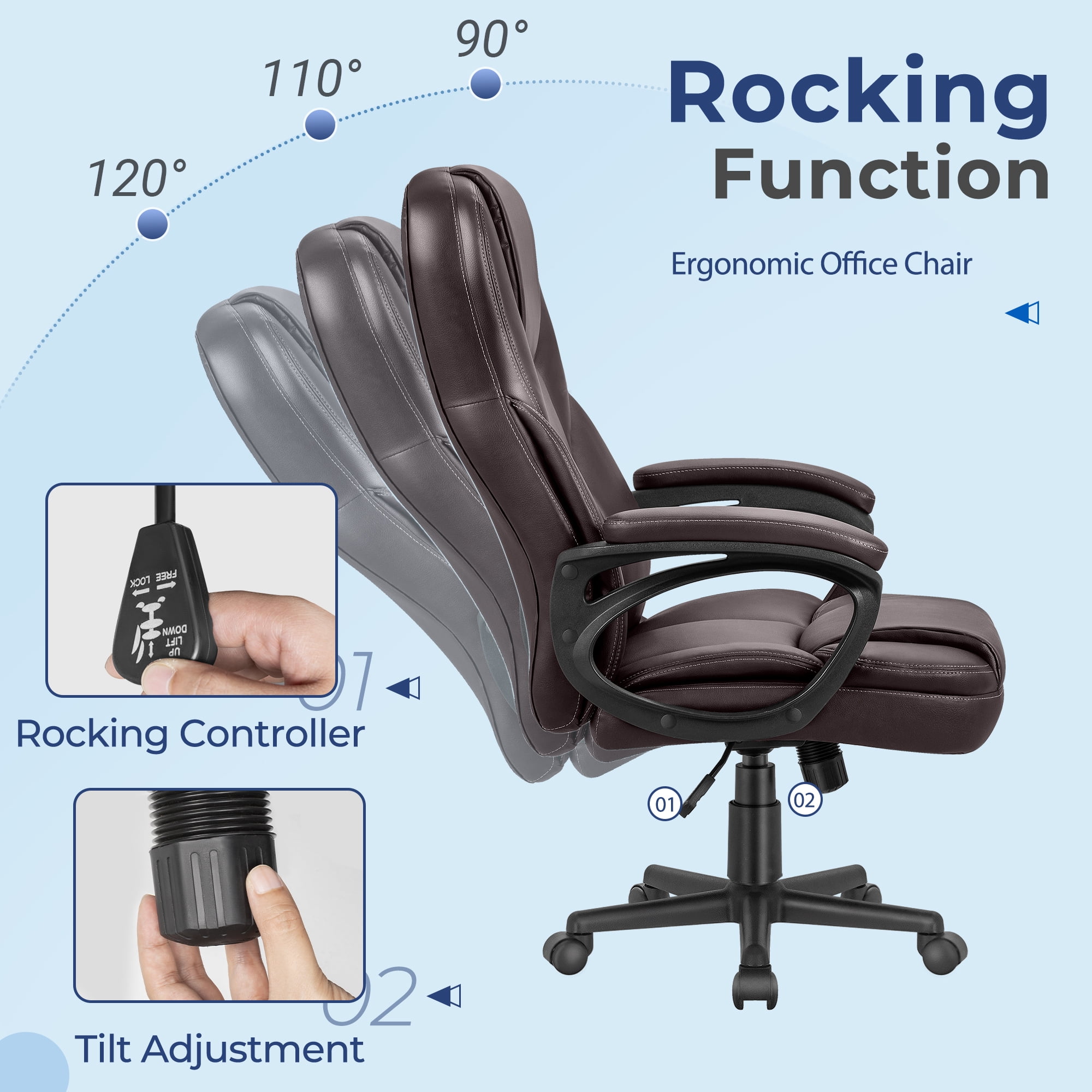 Furmax High-back Executive Office Chair With Lumbar Support Height Adjustable Swivel Seat PU Leather, Brown