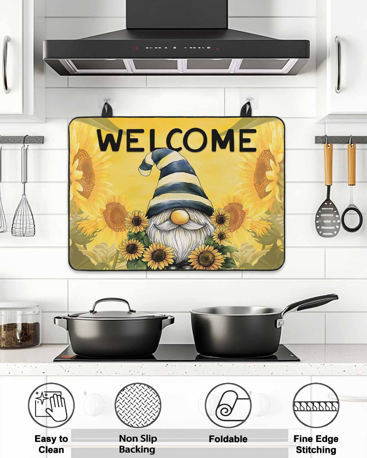 Stove Top Covers for Electric Stove 28.5x20.5 Inches, Sunflowers Gnomes Heat Insulation Fireproof Glass Cooktop Protector, Summer Yellow Floral Leaf Plant Countertop Stovetop Cover for Kitchen