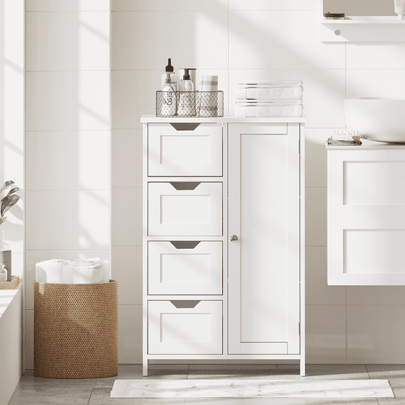 Bathroom Storage Cabinet with 4 Drawers and 1 Door, Freestanding Wooden Floor Organizer for Bathroom, Narrow Storage Cabinet for Small Spaces, Entryway, Living Room or Hallway, White