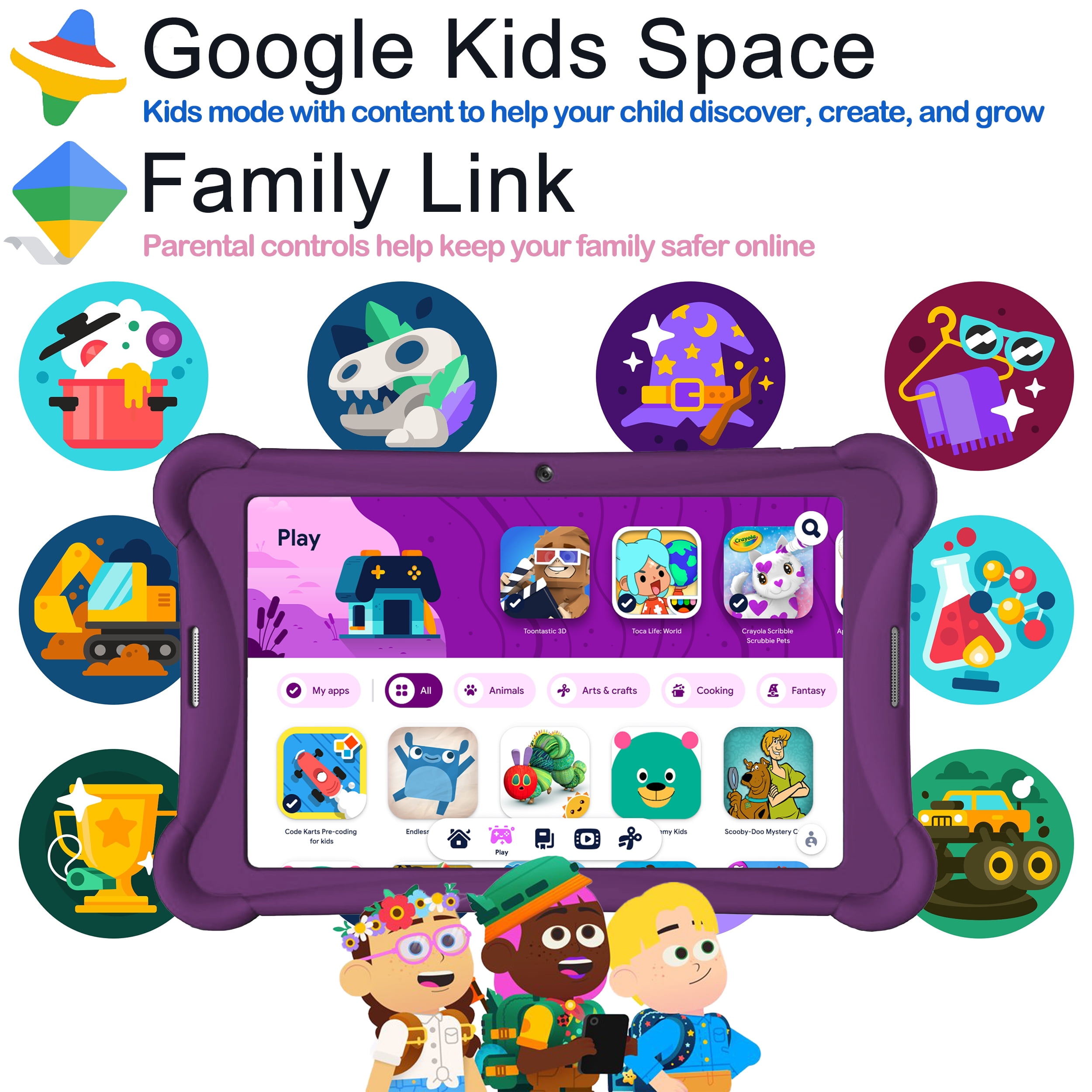 ME K10 Google Kids Space 10" 64GB Quad-Core Kids Tablet, Bumper Case Kickstand, Purple