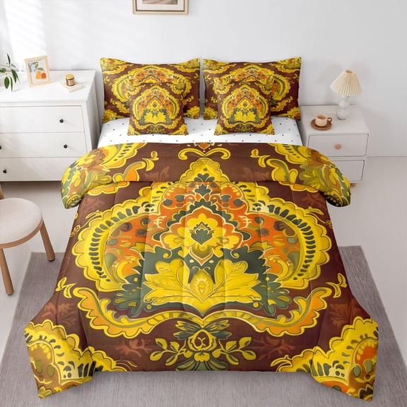 Homewish Vintage Tribal Damask Twin Bedding Sets 7-Piece for Female, Hippie Flower Floral Bedding Comforter Set, Gold Bohemian Mandala Reversible Sheet Sets, Microfiber Bedroom Decor