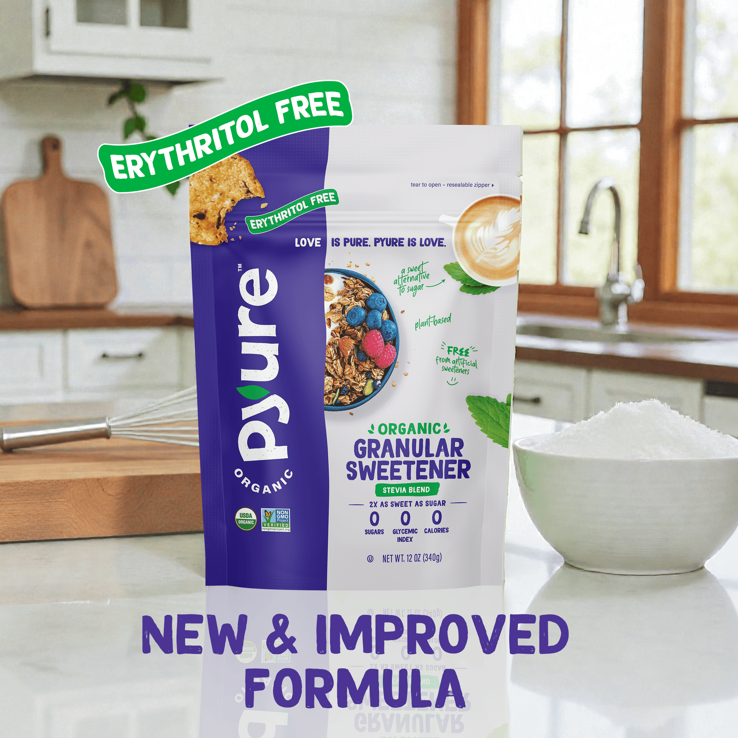 (2 pack) Pyure Organic Stevia Blend | Granulated Sugar Substitute with Zero Calories & Carbs | Keto, Diabetic & Vegan Friendly | Sugary Taste Alternative | USDA Organic, Non-GMO | Good For Baking | 12oz