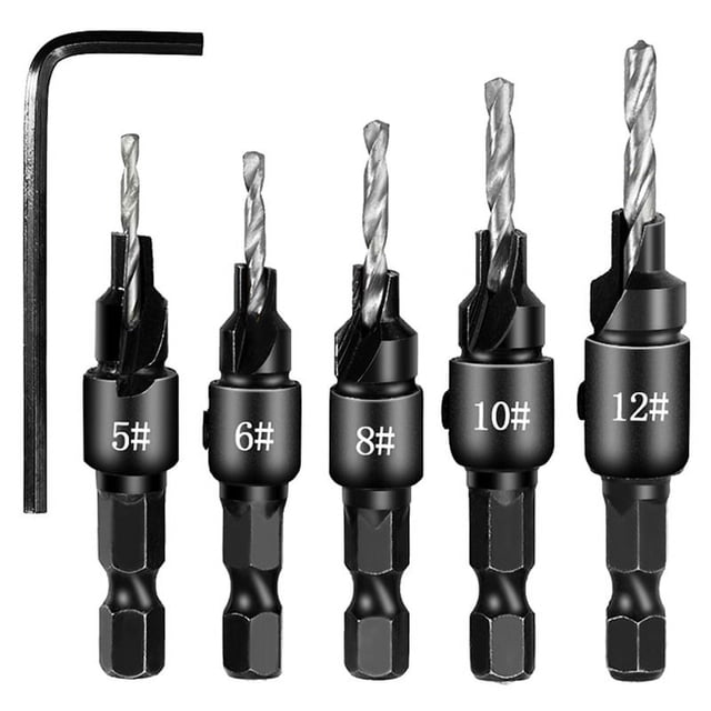 Juego de 5 brocas avellanadoras, brocas avellanadoras de acero para herramientas, brocas reemplazables, brocas avellanadoras para carpintería, con una llave hexagonal (plateada)