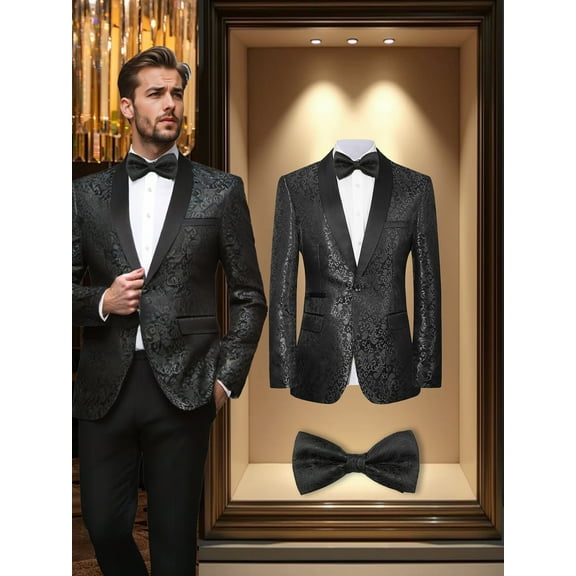 Beauty-Emily Men's 2-Piece Jacquard Suit Set, Floral Print Shawl Collar Blazer, Bow Tie, for Wedding, Business, Party, Banquet, Prom, Formal Events, Graduation