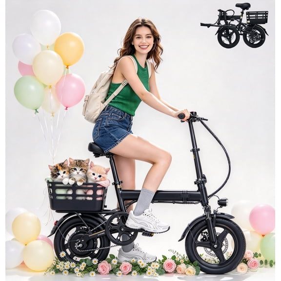 XKJ Electric Bike for Adults, Ebike, Electric Bicycle with 48V 12AH Removable Battery,14" Folding Ebike, 20MPH,20 Miles(MAX),500W High Motor,Multi-Shock Absorption,Commuting Mini E Bikes,UL2849
