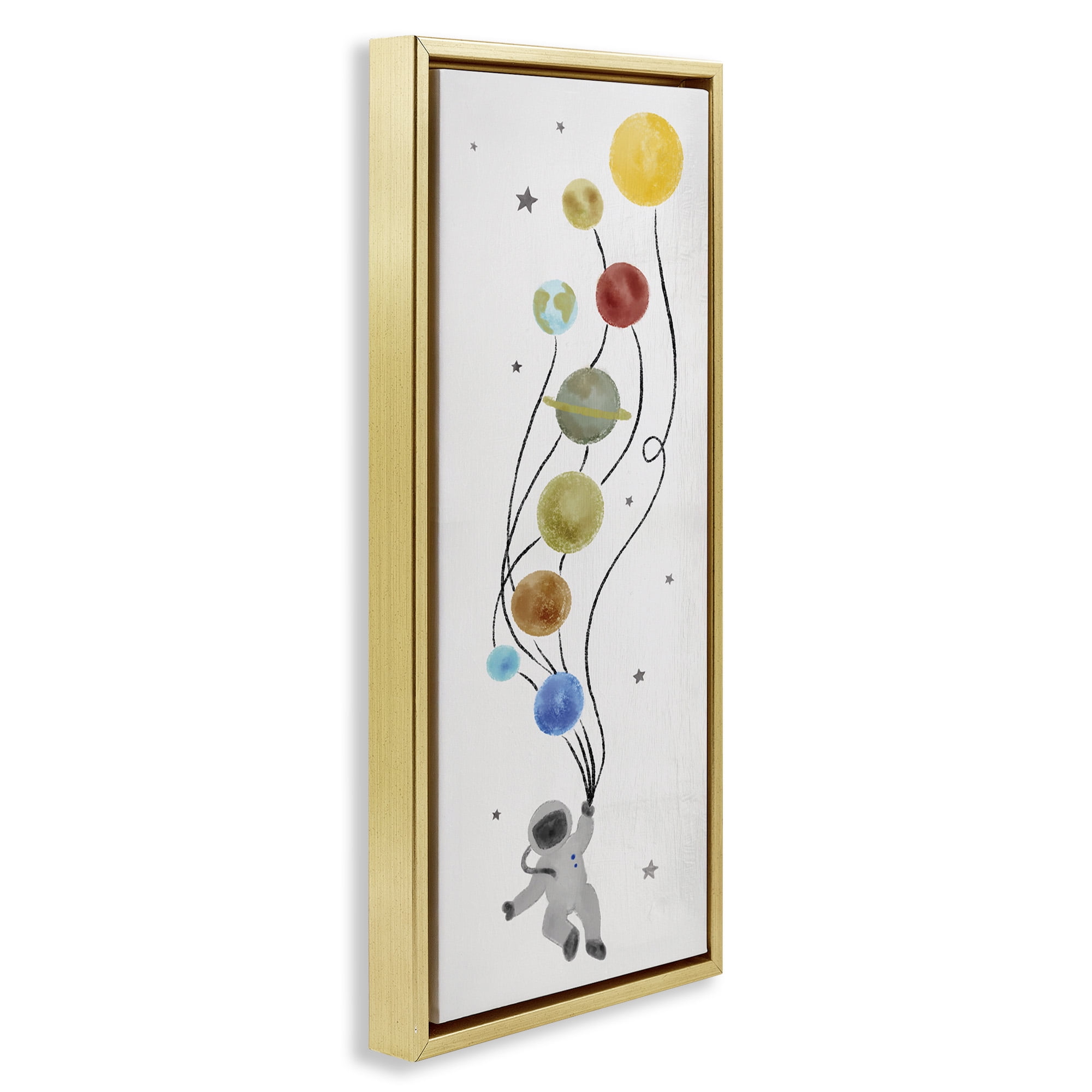 Stupell Industries Whimsical Astronaut Floating Balloon Abstract Painting Gold Floater Framed Canvas Art Print Wall Art, 15 x 31
