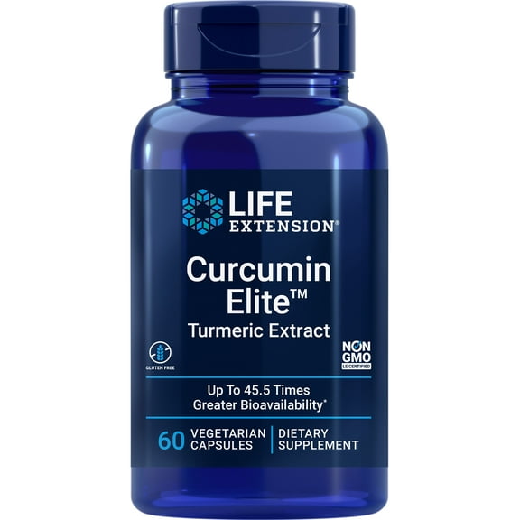 Life Extension Curcumin Elite Turmeric Extract, inflammation health support, immune & heart health, two-month supply, gluten-free, vegetarian, non-GMO, 60 vegetarian capsules