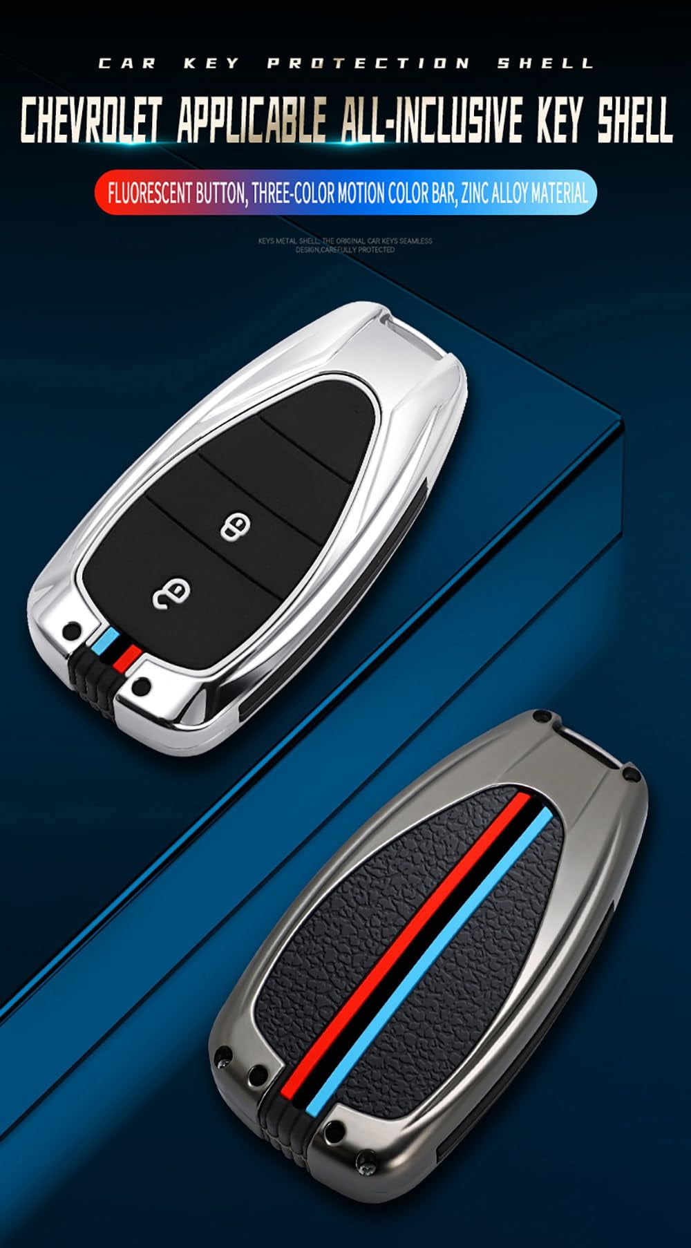 2-button Key Fob Cover Fit for Chevy Key Remote Metal Key Shell Anti-scratched Key Case Durable Car Key Holder Fit for Chevrolet Equinox Malibu Cruze Camaro Traverse Blazer Volt Bolt