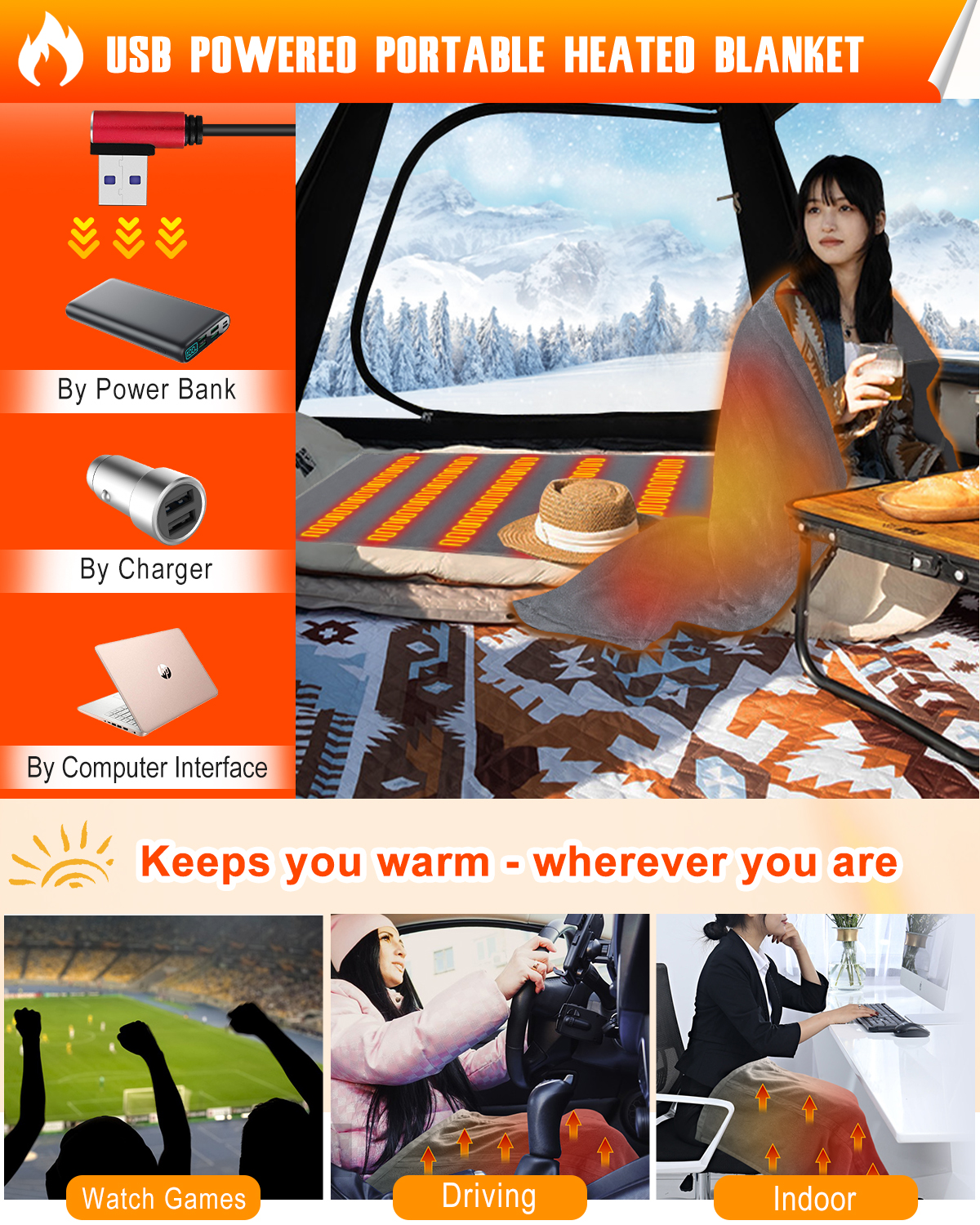 MBVOICO Heated Blanket Battery Operated Portable - USB Electric Throw Blanket Cordless for Camping Outdoor Travel, Size: 31.5 x 55