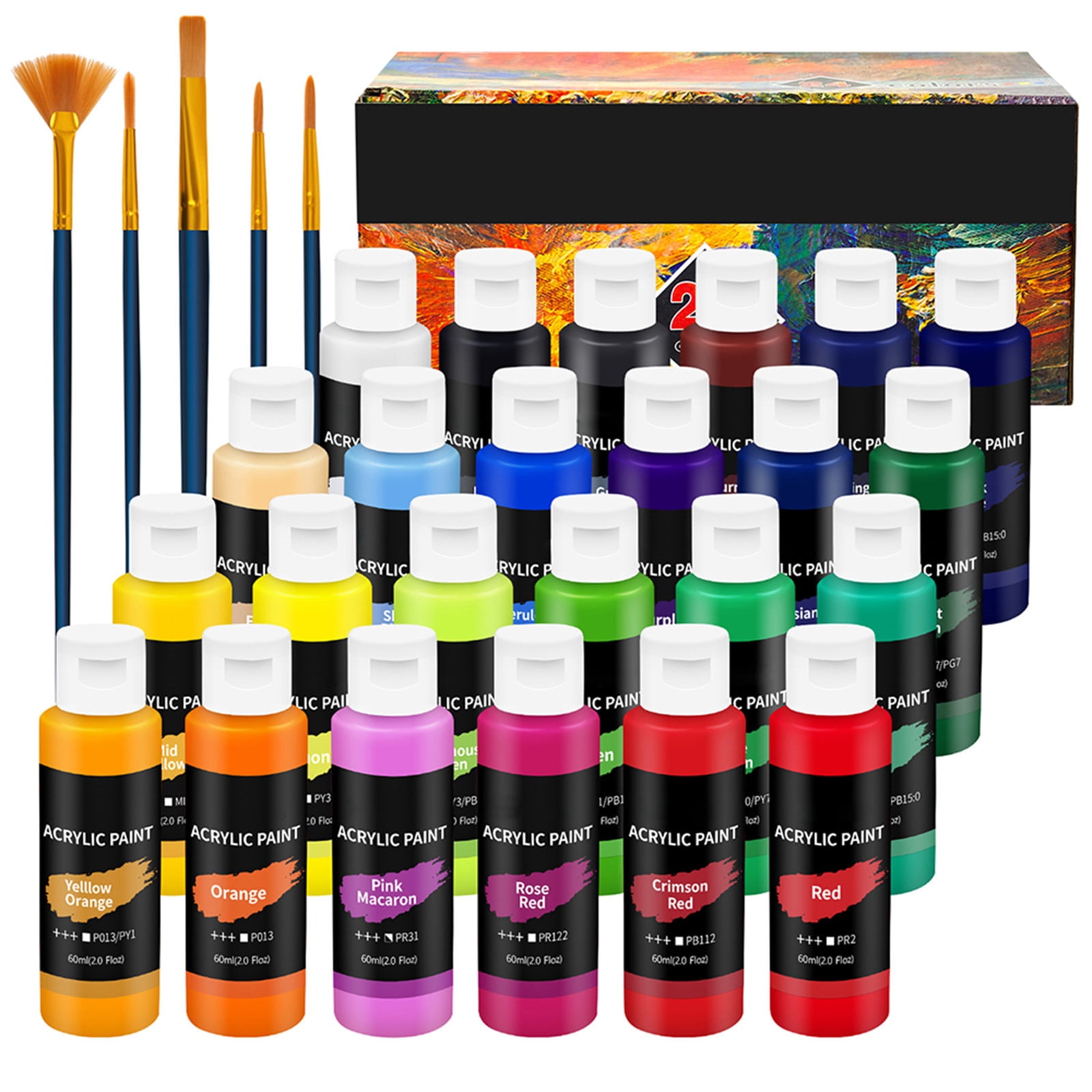 Acrylic Paint Set 24 Colors with Brushes Rich Pigments, Non-Toxic, Versatile for Canvas, Wood, Fabric, Craft Projects