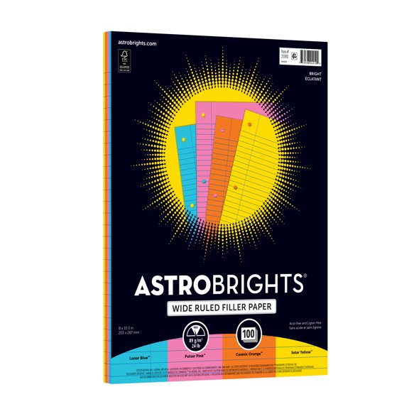 Astrobrights Wide Ruled Filler Paper, 24 lb./89 gsm, 4-Color Assortment, 100 Sheets