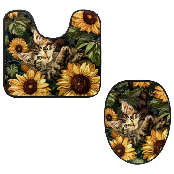 PhooArto Toilet Lid Cover and U-Shaped Toilet Floor Mat Set of 2 Pieces, Cute Kitten Sunflowers Pattern Toilet Mat Set, Machine Washable Seat Covers Non-Slip Absorbent Rugs