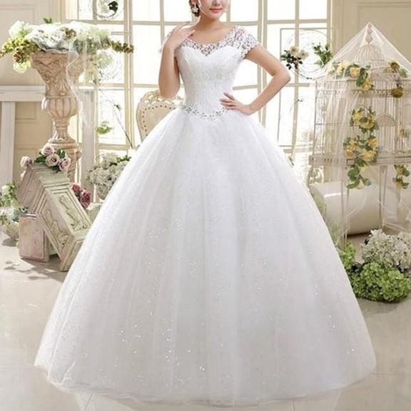 WSTEER Double Shoulder Floor Length Lace Short Sleeve Corset Beaded Wedding Dress Bridal Gown Ball Gown - Size XXL(White)