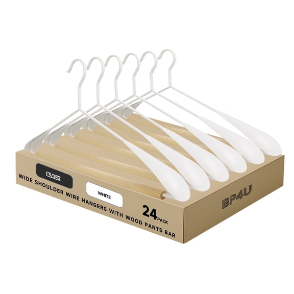 BP4U 24-Pack Heavy Duty Metal Wide Shoulder Suit Hangers, Welded Coat Hangers with Beech Wood Pants Bar(White)