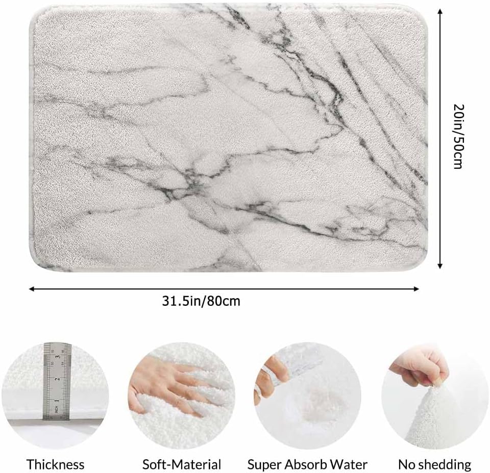 Marble Bath Mat for Bathroom Abstract White Gray Marble Texture Bath Rugs Door Mat Non Slip Rubber Backed Bathroom Floor Mat for Bathtub Sink Shower 20"X32"