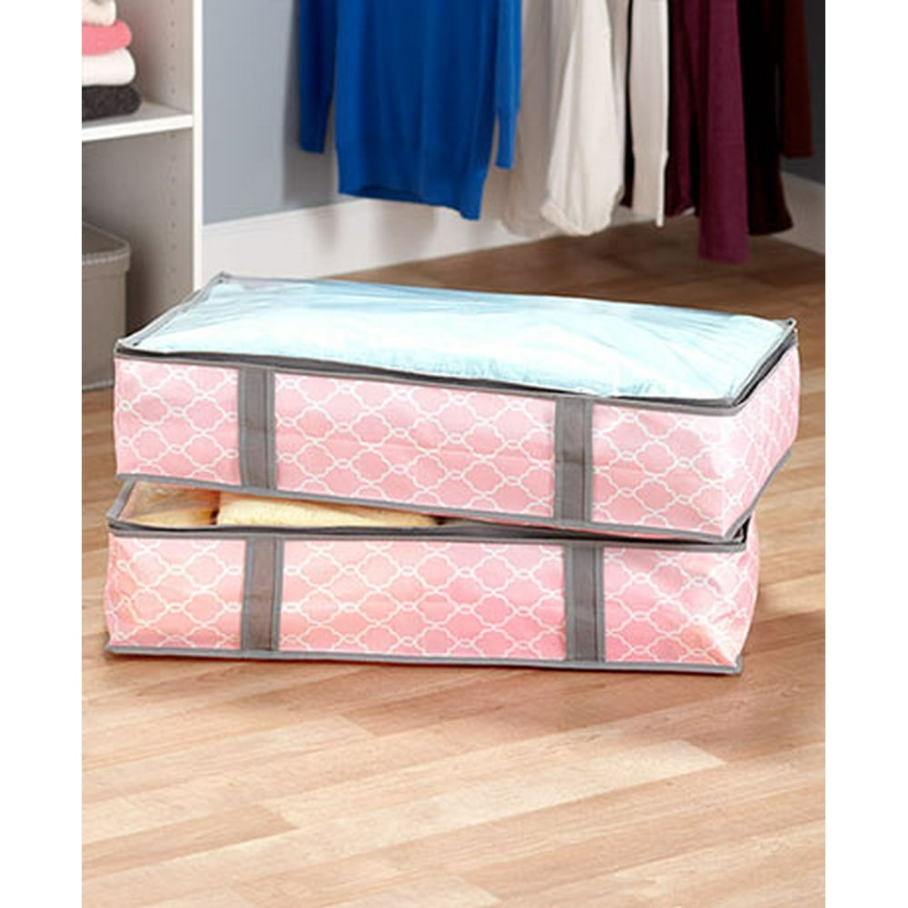 The Lakeside Collection Set of 2 Under Bed Storage Bags (Pink Lattice
