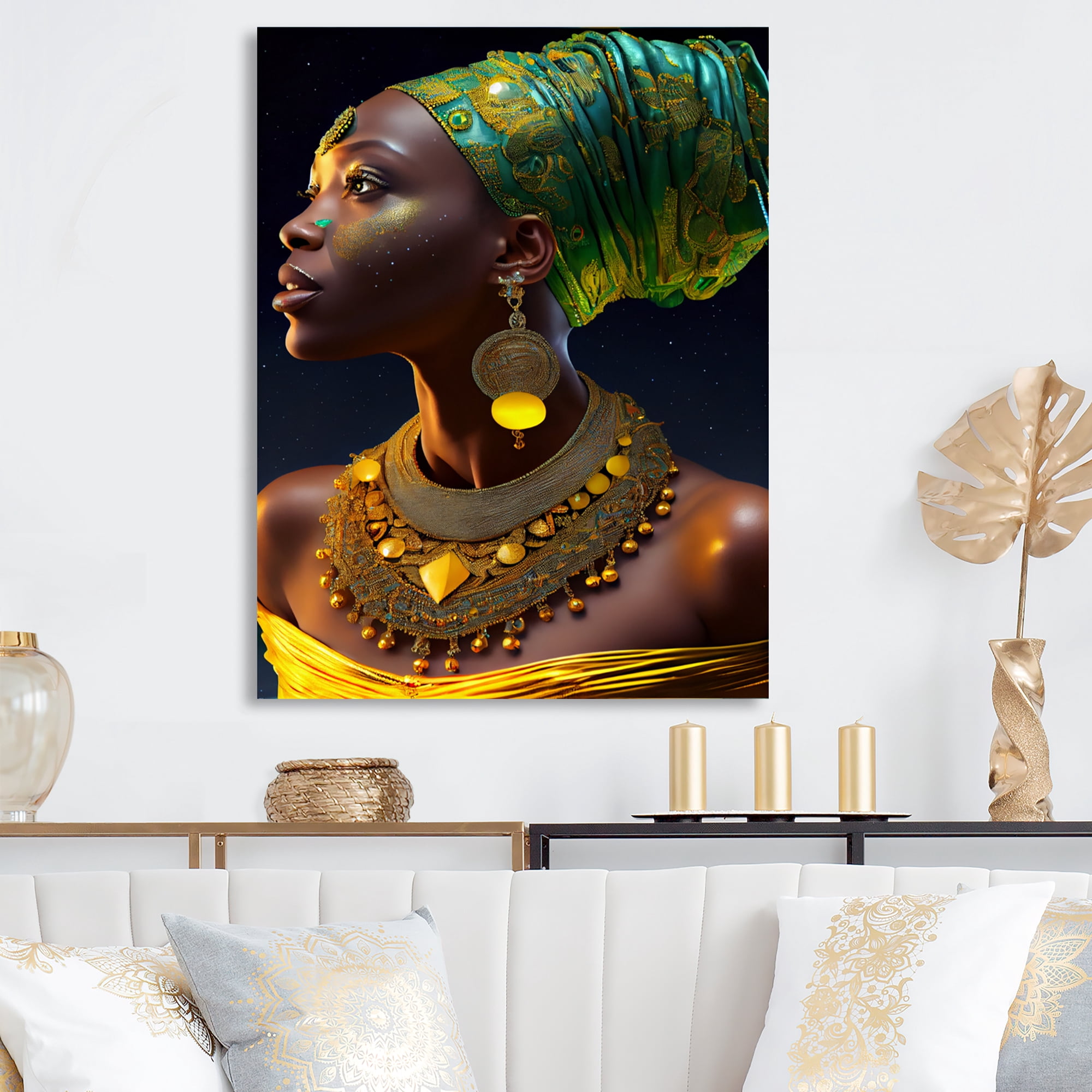 Designart Emerald Queen African Woman Under Moon IV Canvas Wall Art