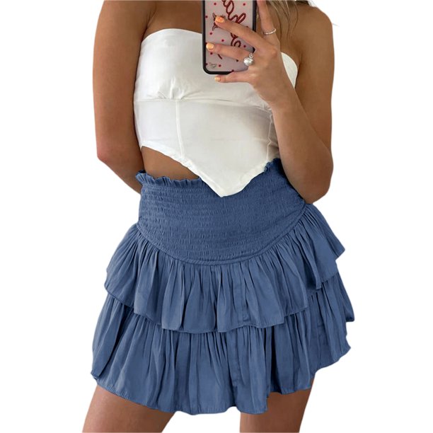 Women Smocked Ruffle Mini Skirts Summer High Waisted Tiered Short Skirt