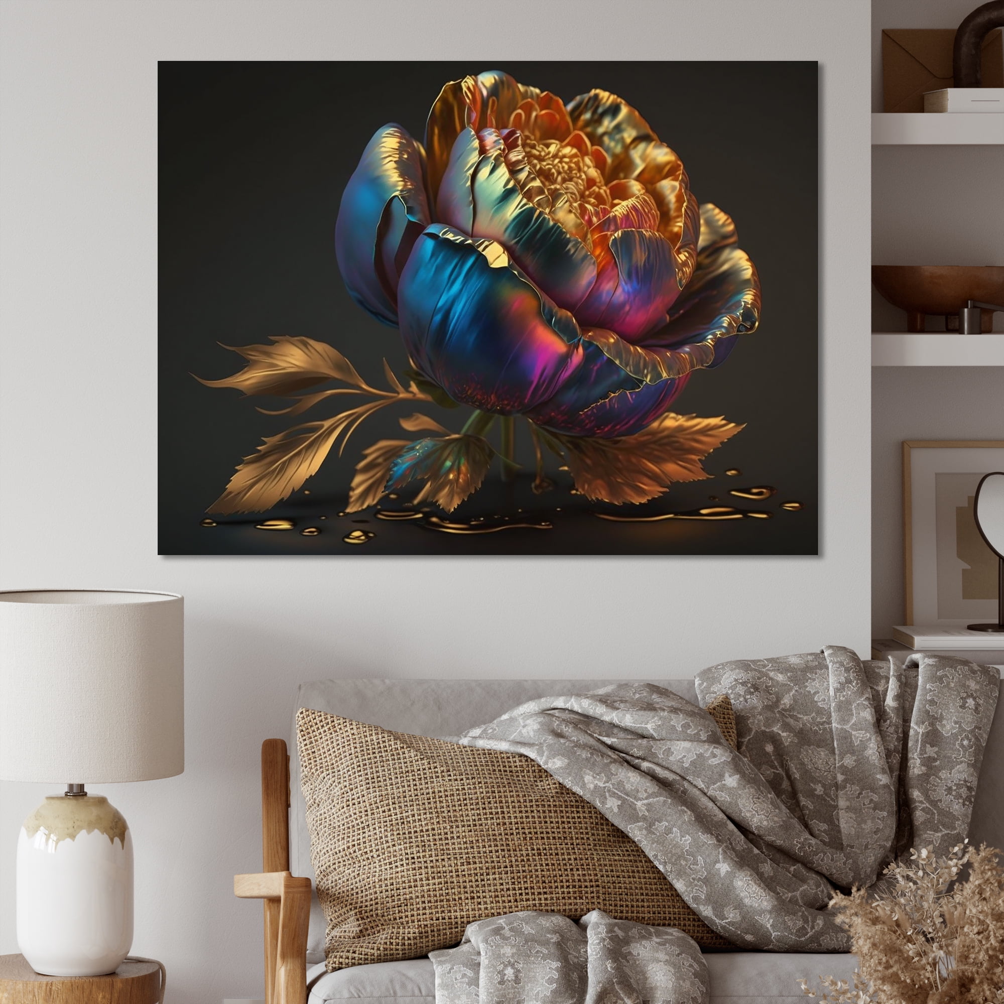 Designart Rainbow Peony Liquid Gold III Canvas Wall Art