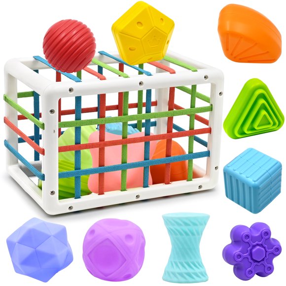 GRM Baby Toys for 1 Year old Boy Girl Gifts, Shape Sorter Baby Toys 6 12 18 Months Early Learning Sensory Cube Bin with 5 Soft Textured Balls, Toddlers Toy for 1 2 3 Years Old Autistic Children