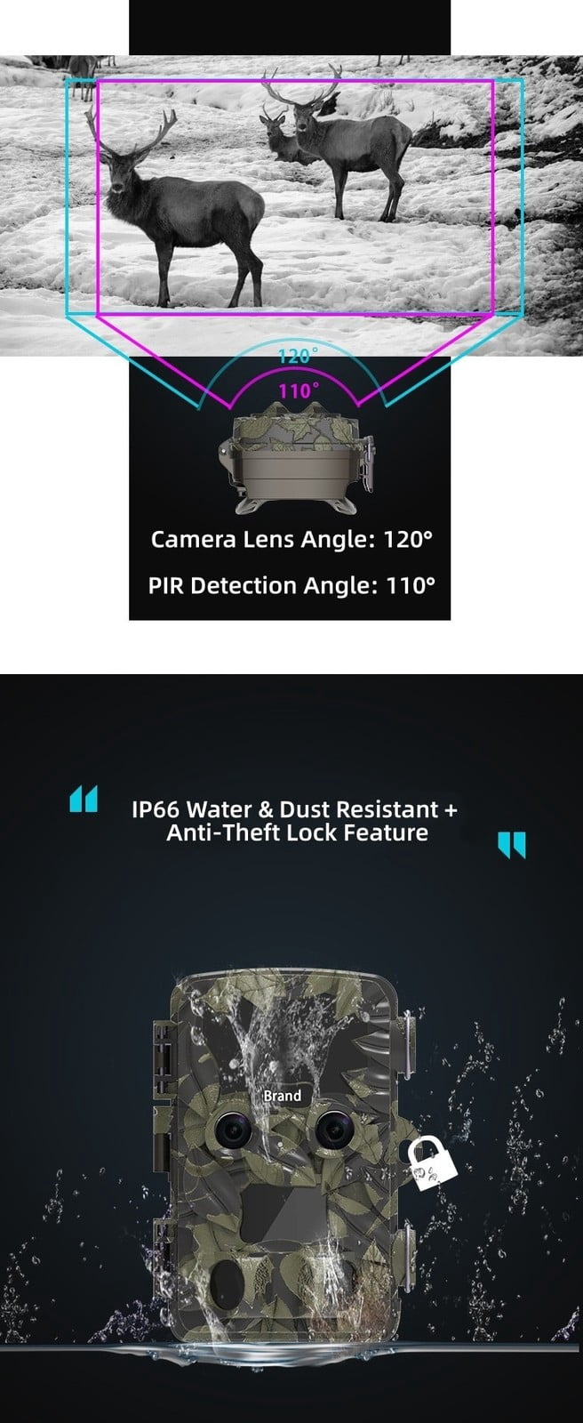 Dual Lens Trail Camera with Infrared Night Vision, Motion Activated Game Camera with 4K Video, Fast Trigger & IP66 Waterproof, Wildlife Camera for Outdoor Use