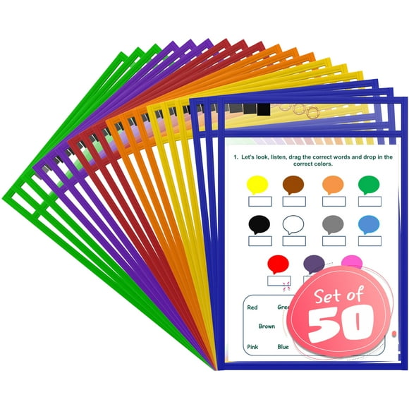 Scribbledo 50 Pack Dry Erase Pockets Reusable Dry Erase Sleeves with Marker Holder Dry Erase Pocket Sleeves Teacher Supplies for Classroom School Assorted Colors Sheet Protectors