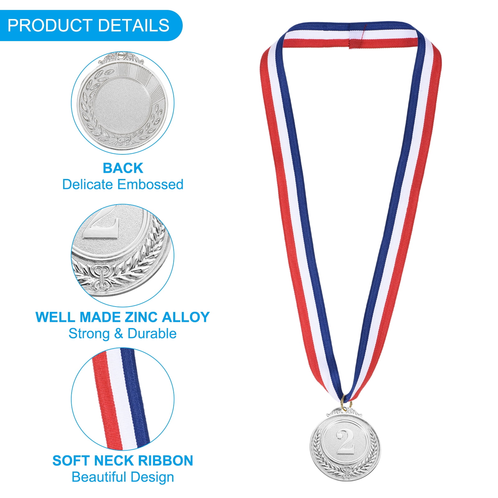 Uxcell 2 Inch Award Medals, 12 Pack Silver Medal Winner Award Prizes Frosted with Neck Ribbon