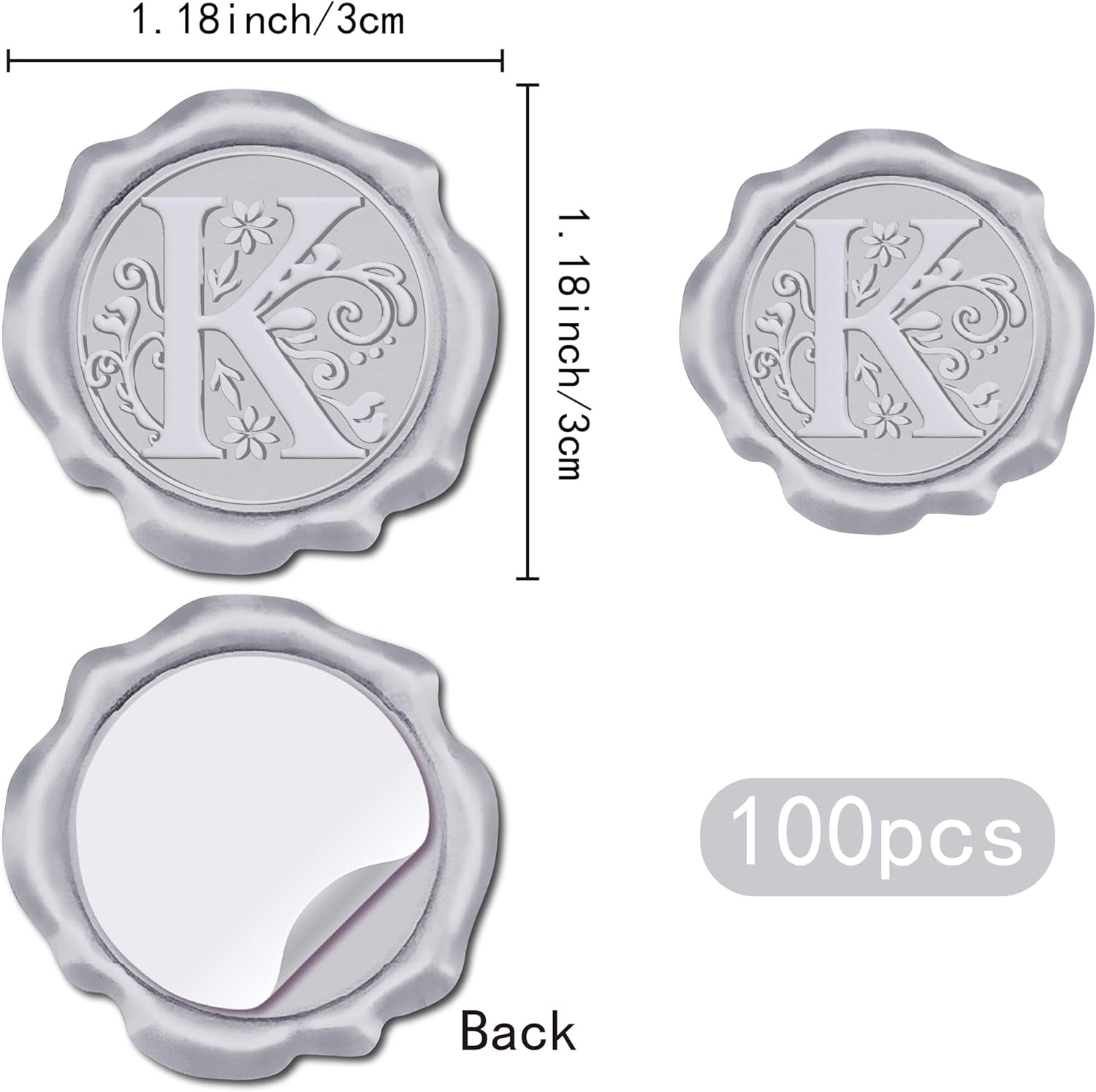 Adhesive Wax Seal Stickers Envelope Seal Decoration For Craft Scrapbook DIY Gift Silver Color Letter K 30mm 100pcs/box