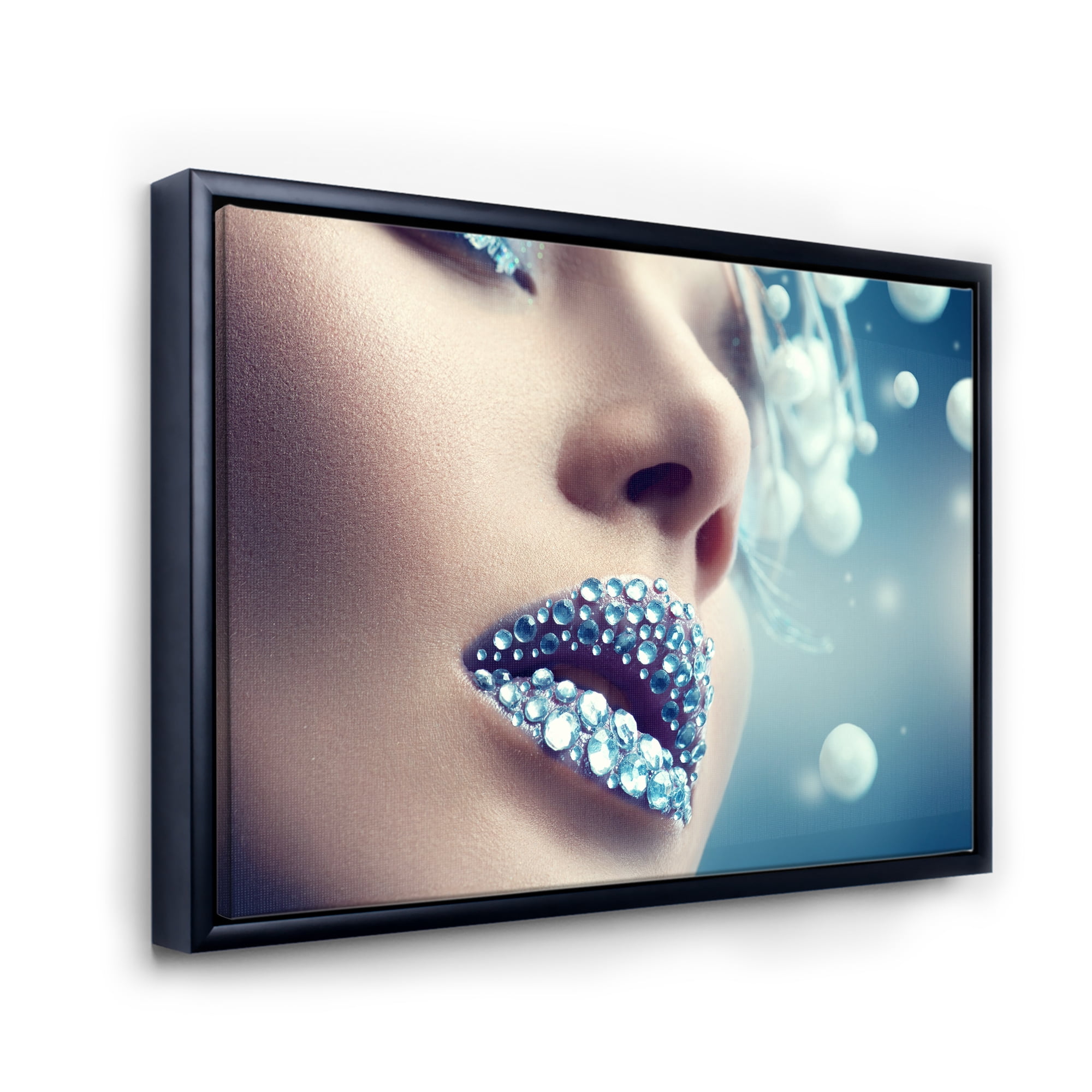 Designart 'Close-Up Of Gems On Female Lips' Modern Framed Canvas Wall Art Print