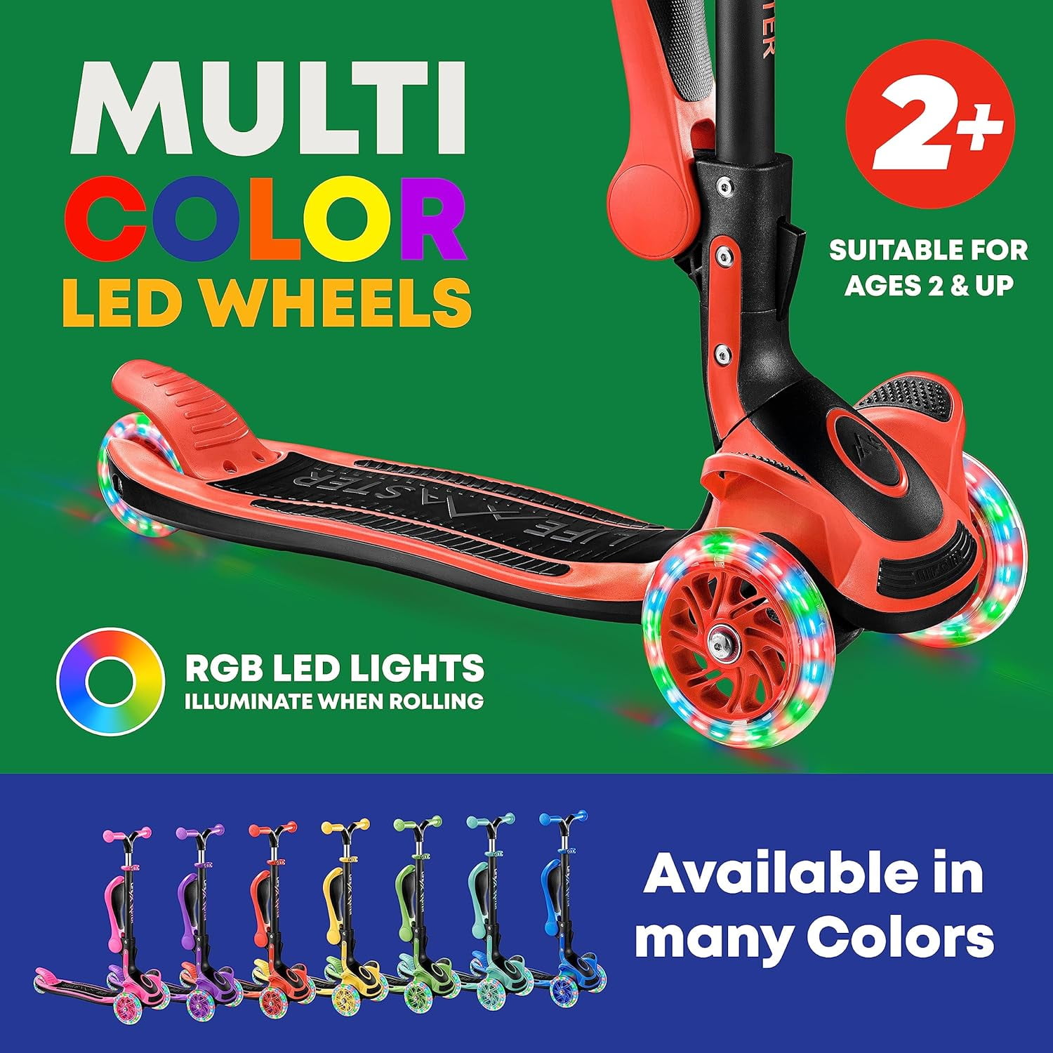 Kids Scooter – Foldable Seat – LED Wheel Lights Illuminate When Rolling – Children and Toddler 3 Wheel Kick Scooter – Adjustable Handlebar – Indoor and Outdoor- Red - by Lifemaster