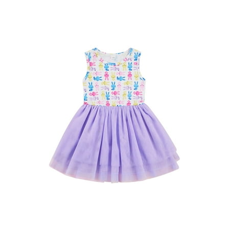 

WakeUple Easter Baby Girls Kid Sleeveless Dress with Mesh Stitching Rabbit Flower Pattern Sweet Style Clothing 2-7T