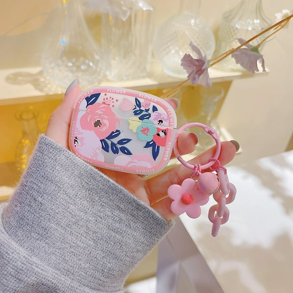 AirPods Case Floral, Caselix Cute Pink Flower Women Apple Airpods 2nd Generation Cover Case Protective Shockproof with Keychain for Apple AirPods Gen 2 Charging Case