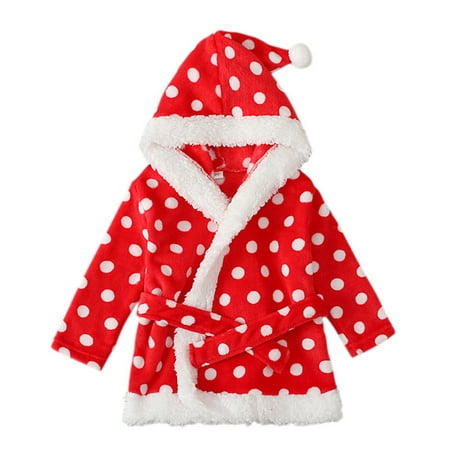 

DNDKILG Toddler Baby Girl Fleece Thicken Outerwear Children Fall Winter Long Sleeve Hooded Bathrobe Christmas with Belt Vermilion 1Y-3Y