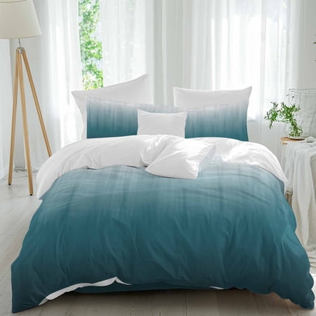 Blue Ombre Duvet Cover Set Twin Size, Contemporary Gradient Abstract 4 Piece Bedding Set with Zipper Closure & Corner Ties Soft Breathable Comforter Cover for Bedroom