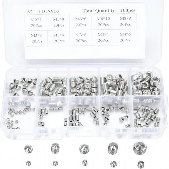 TALENO Easy To Use Stainless Steel Grub Set Screws Sorted In A Storage Box,Wide Applications Hex Socket Screw Kits For Door Handles And Bathroom Fixture (200pcs)