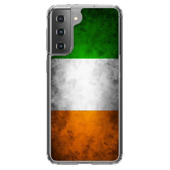 DistinctInk Clear Shockproof Hybrid Case for Galaxy S21 5G (6.2" Screen) - TPU Bumper, Acrylic Back, Tempered Glass Screen Protector - Ireland Old Flag - Show Your Love of Ireland