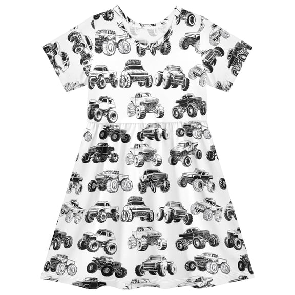 joogoo Monster Trucks Girls' Short Sleeve Dress Kids Dresses 5-6T