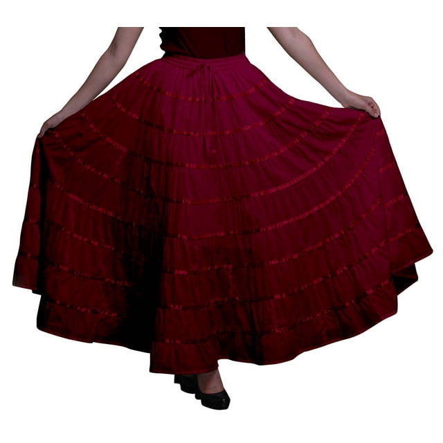 Phagun Vêtements Indiens pour Femmes Jupe Longue Décontractée Bordeaux Maxi Vêtements d'Été-18