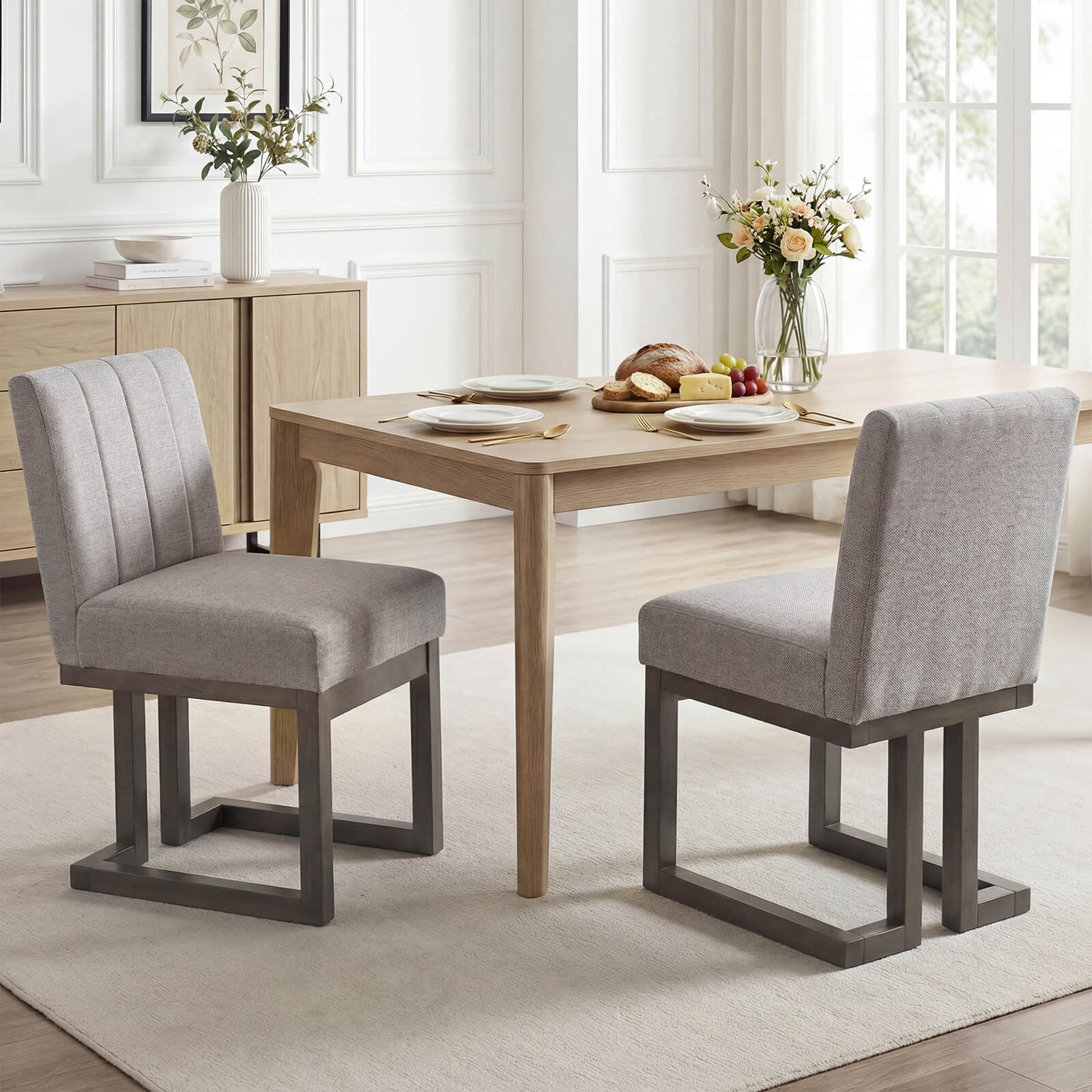 Costway 4PCS Wooden Dining Chairs Modern Farmhouse Fabric Upholstered Kitchen Chairs Beige + Gray
