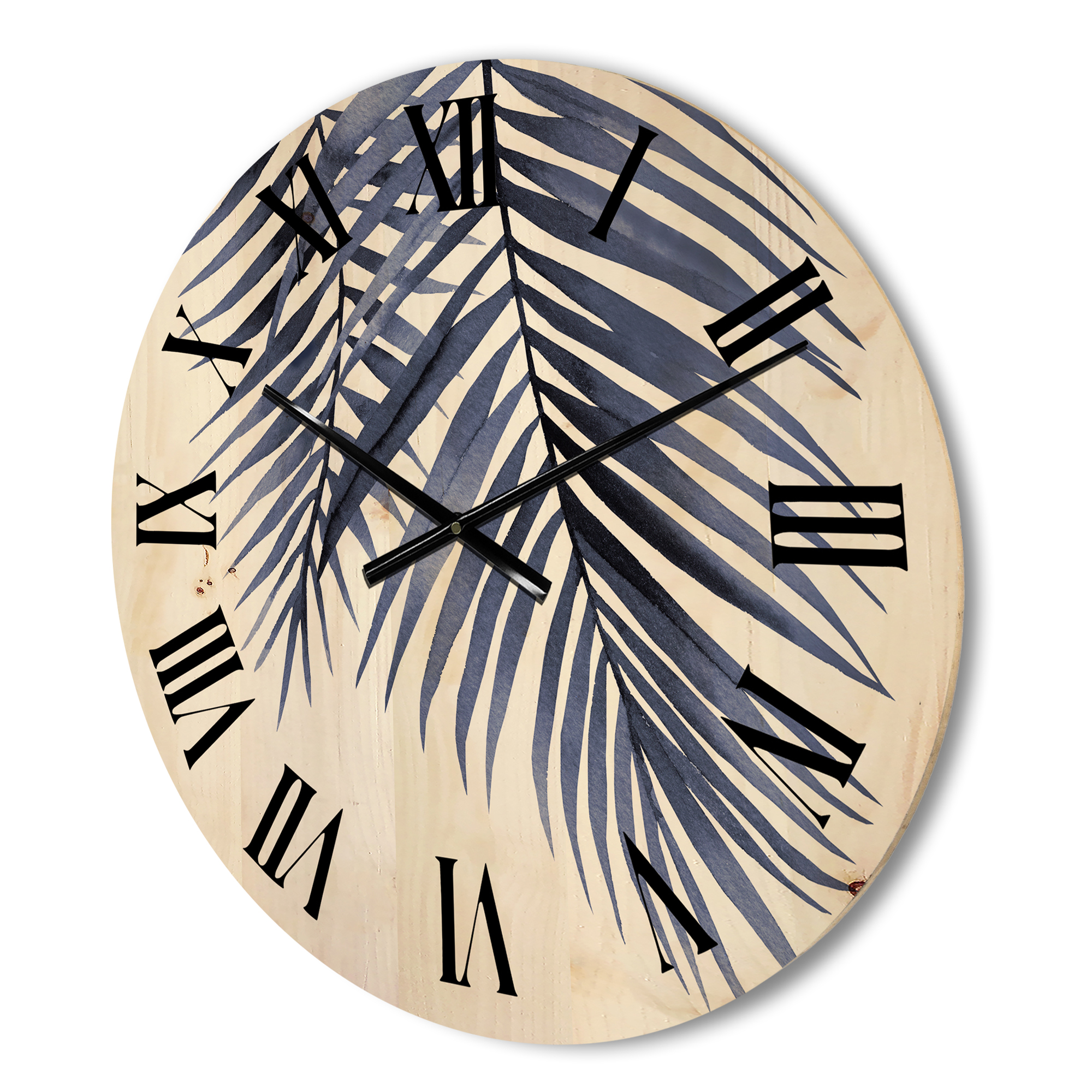 Designart 'Abstract Blue Palm Leaves Tropical Branches' Traditional Wood Wall Clock