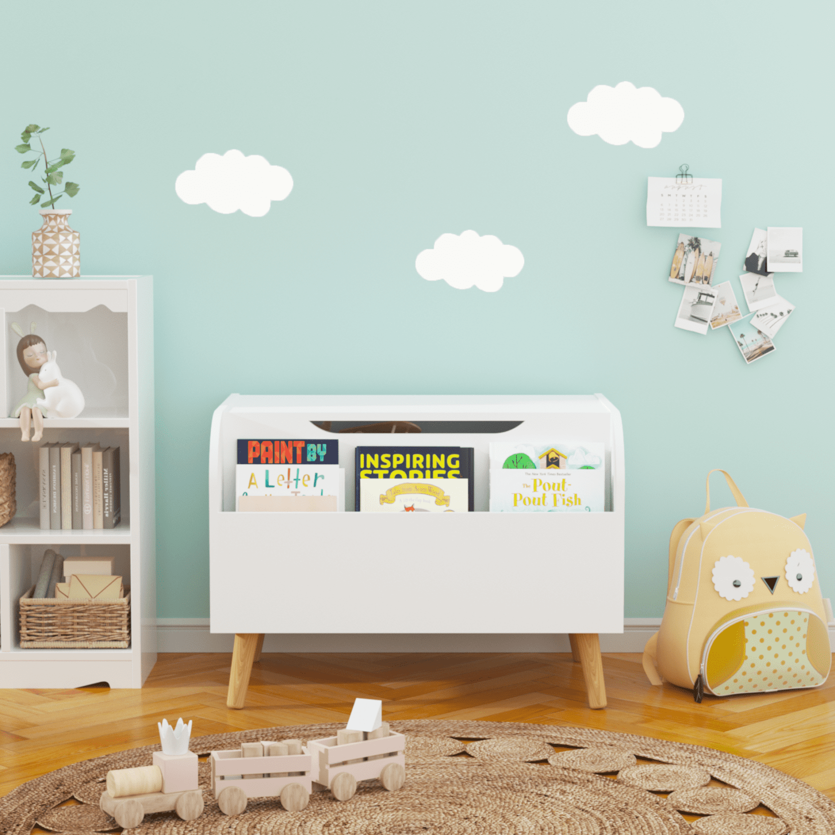 Miekor Furniture Wooden Toy Box, Kids Toy Storage Organizer with Front Bookshelf, Flip-Top Lid, Safety Hinge, Boys Girls Toy Chest Bench for Playroom Kids Room Organization (White) 08077