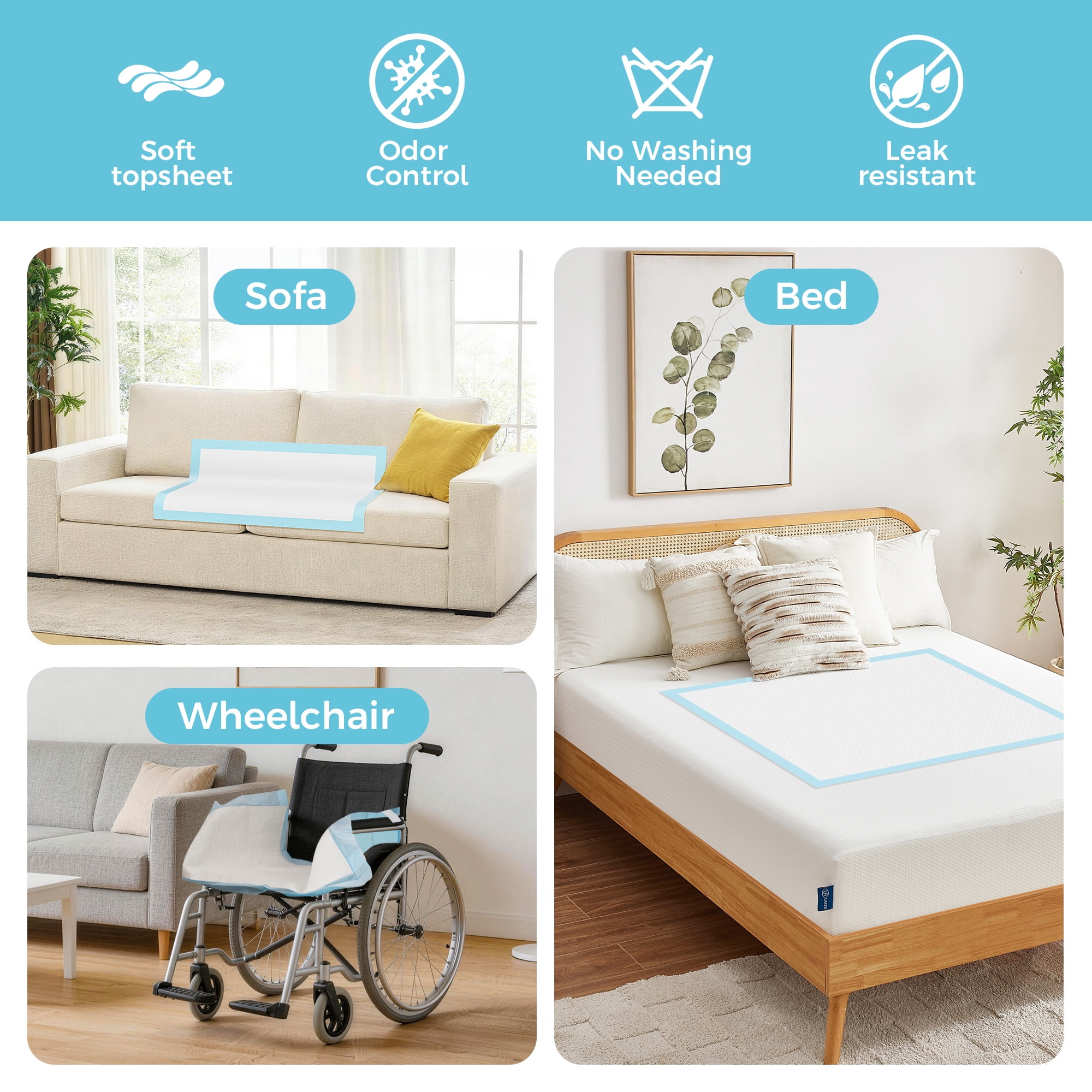 COSYWILL Bed Pads,30'' x 36'' Incontinence Bed Pads for Adults, Disposable Underpads with Adhesive Strip,60 Count
