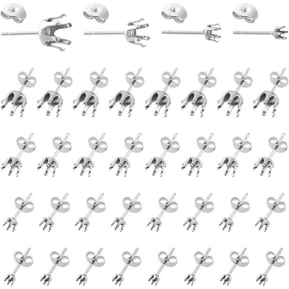 120Pcs Prong Earring Setting 4 Style Stainless Steel Claw Earring Post with 130Pcs Earring Nuts Prong Earring Blanks Stud Post Earring Findings for DIY Jewelry Making Accessory 3/4/6/8mm