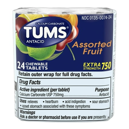 TUMS Antacid Chewable Tablets, Extra Strength for Heartburn Relief, 24 count (3 rolls of 8ct)