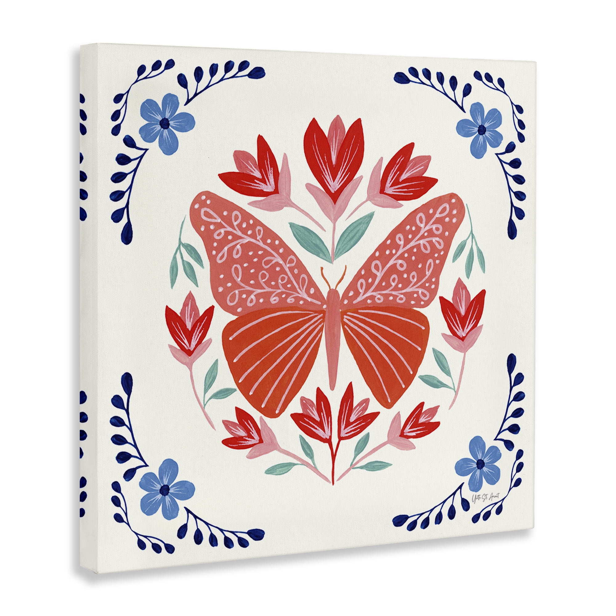 Stupell Industries Orange Folk Butterfly Insects Painting Wrapped Canvas Art Print Wall Art, 17 x 17
