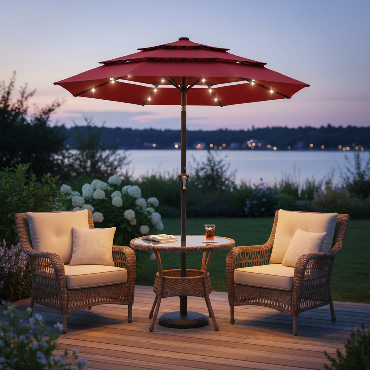 EdX 9.2 FT 3-Layer Solar Patio Umbrella, 32 LED Lights Market Umbrella with Adjustable Tilt, 8-Rib Outdoor Sunshade for Backyard, Deck and Poolside (Red/Navy Blue/Khaki)