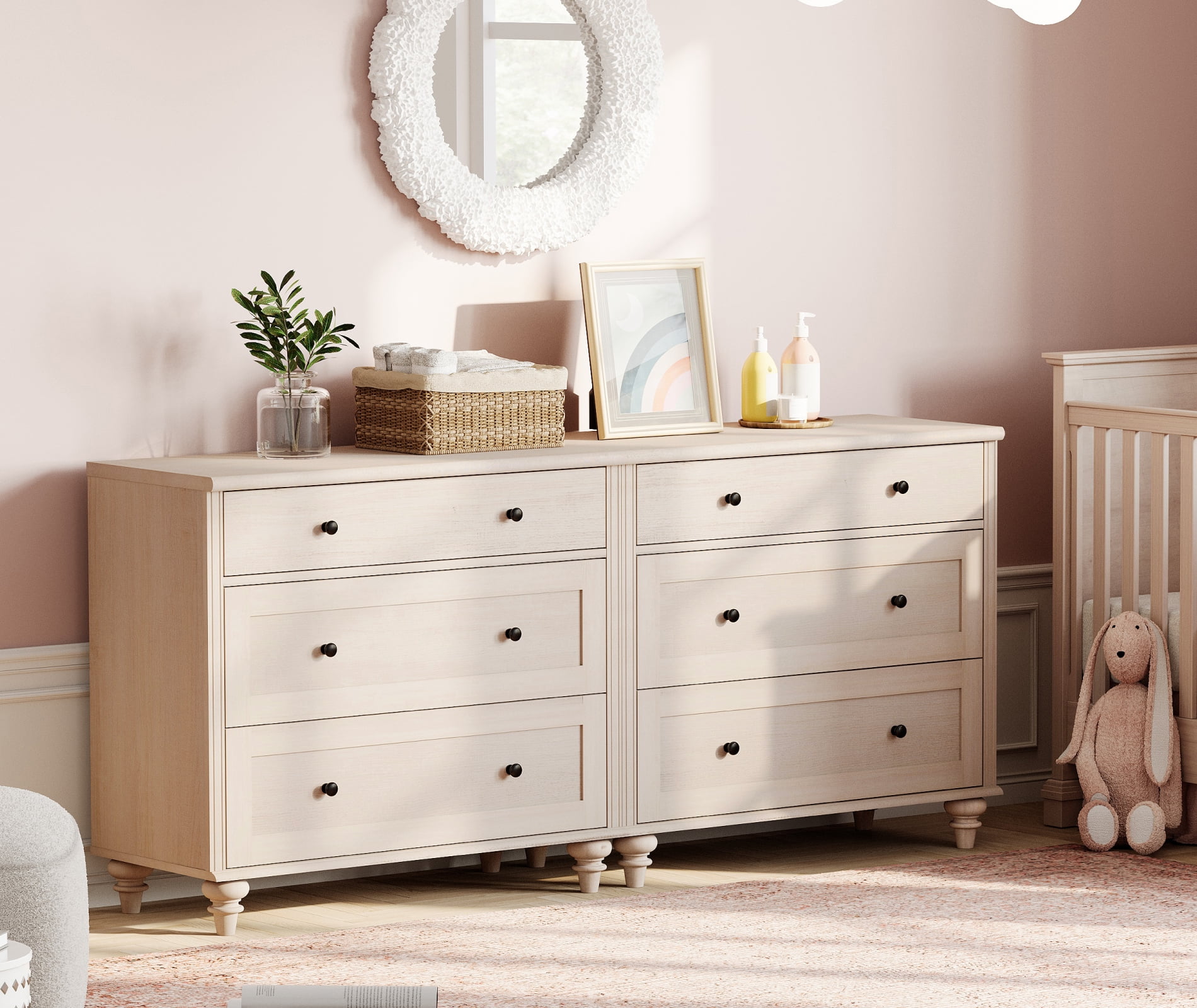 Farmhouse Dresser for Bedroom with 3 Drawers, Mid Century Modern Kids Dressers with Wood Closet Storage Organizer, Small Dressers for Nursery, Hallway, Living Room, Beige