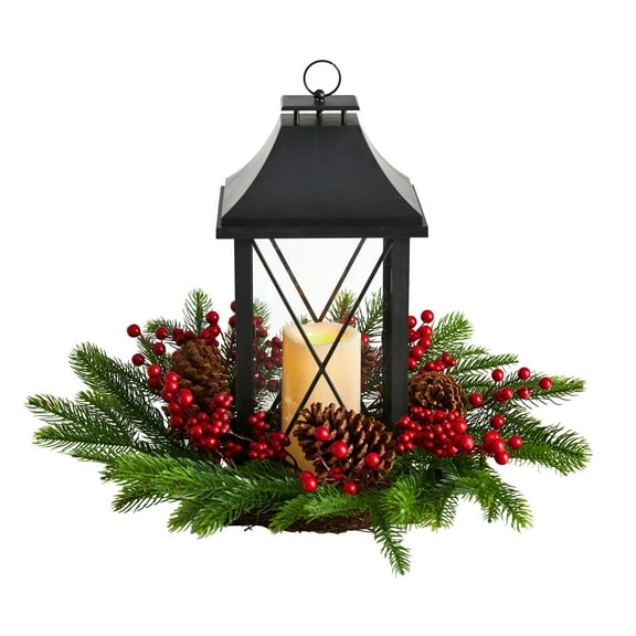 Nearly Natural 16" Holiday Berries, Pinecones and Greenery with Lantern Artificial Flower Table Arrangement
