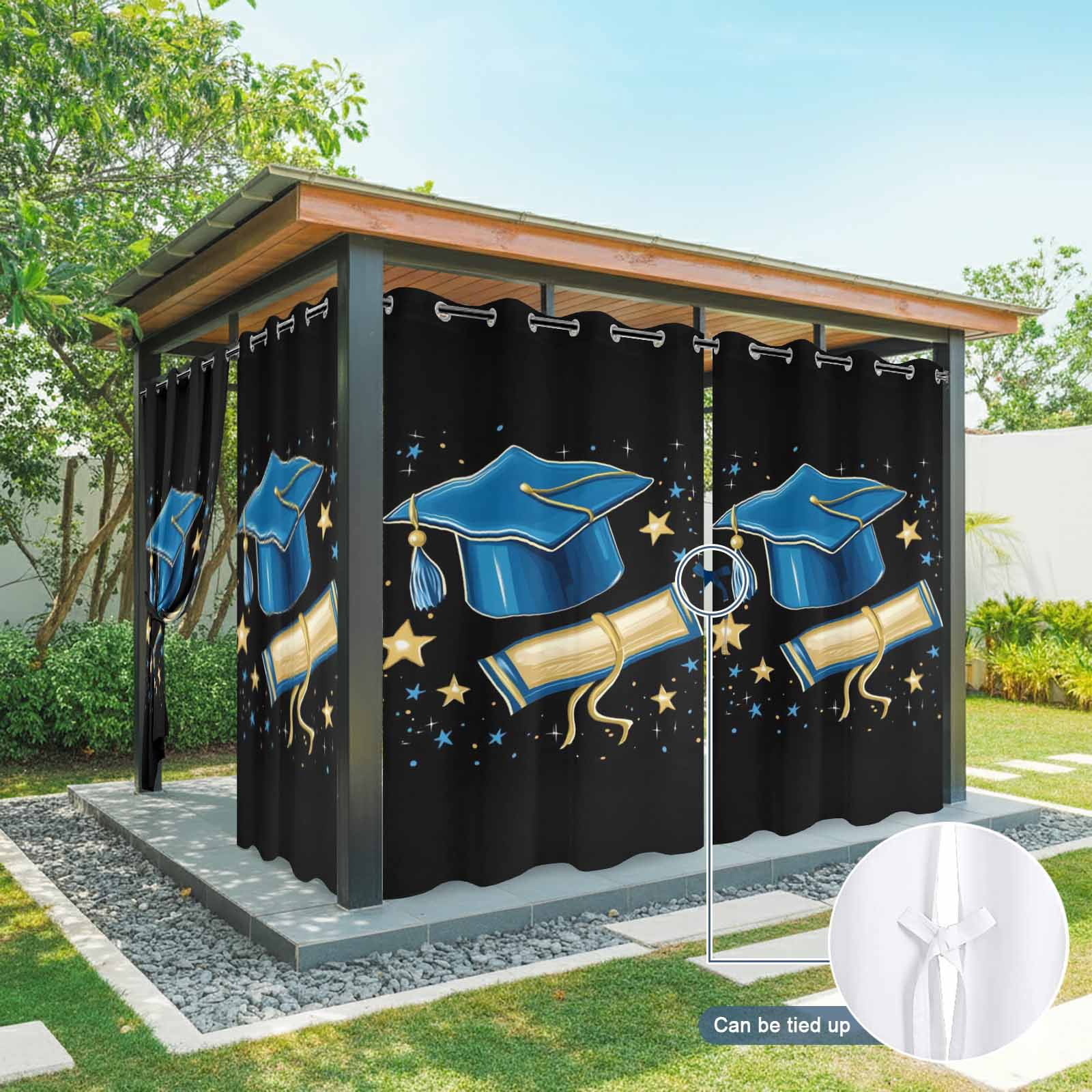 Blue Graduation Cap Outdoor Curtains for Patio, Diploma Yellow Sparkling Stars Abstract Tassels Black Sunshade Privacy Drapes Grommet Waterproof Outside Curtains for Porch Balcony 54"x108", 1 Panel