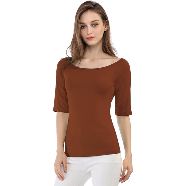 Camiseta Suave de media manga Allegra K cuello redondo Entallado Marrón XXL